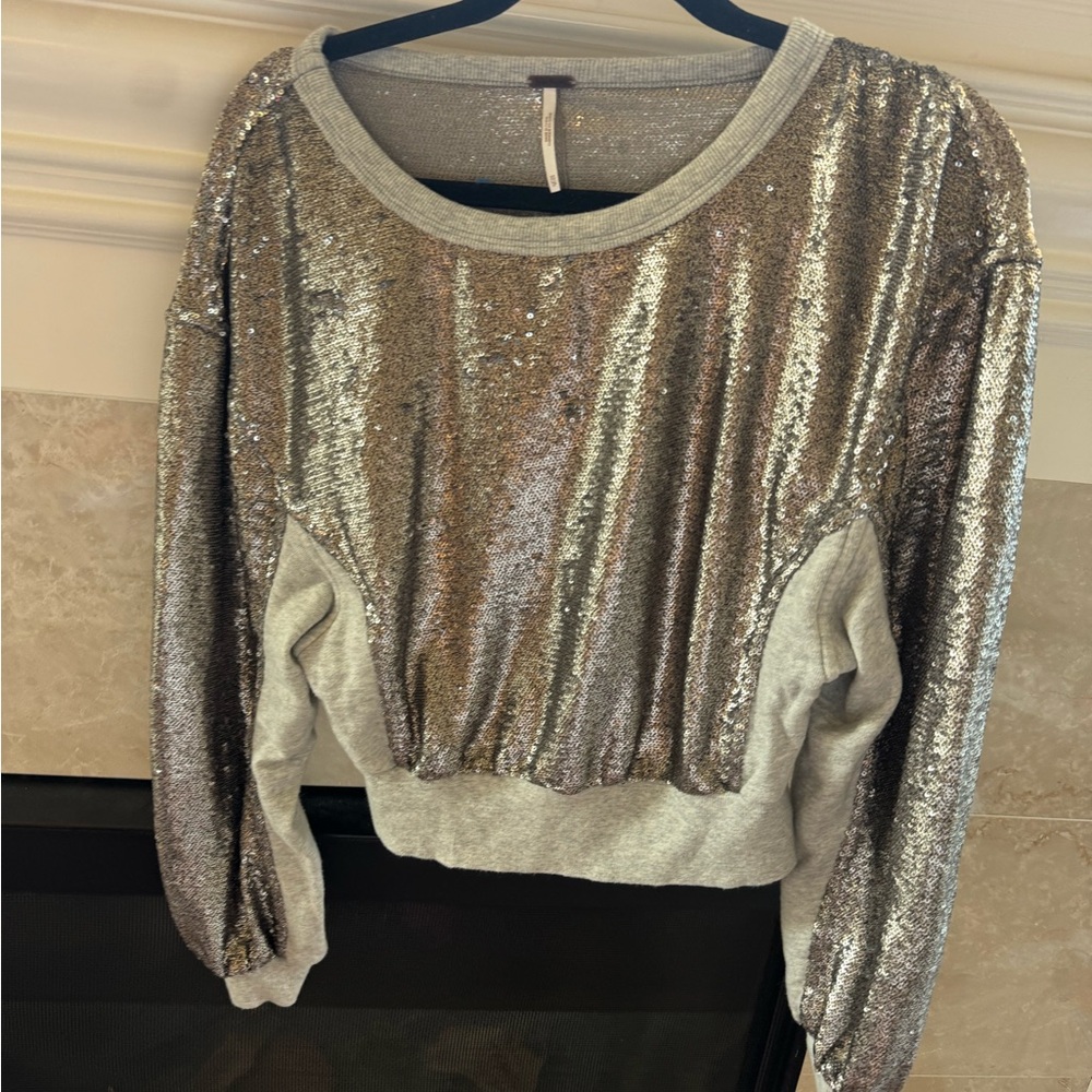 Free People Silver Sequin Cropped Sweatshirt